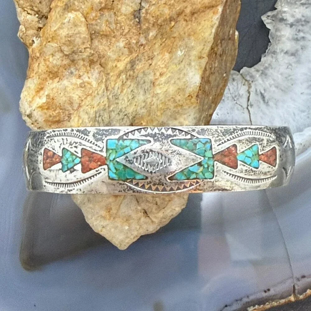 Vintage Native American Silver Turquoise & Coral Chip Inlay Bracelet For Women